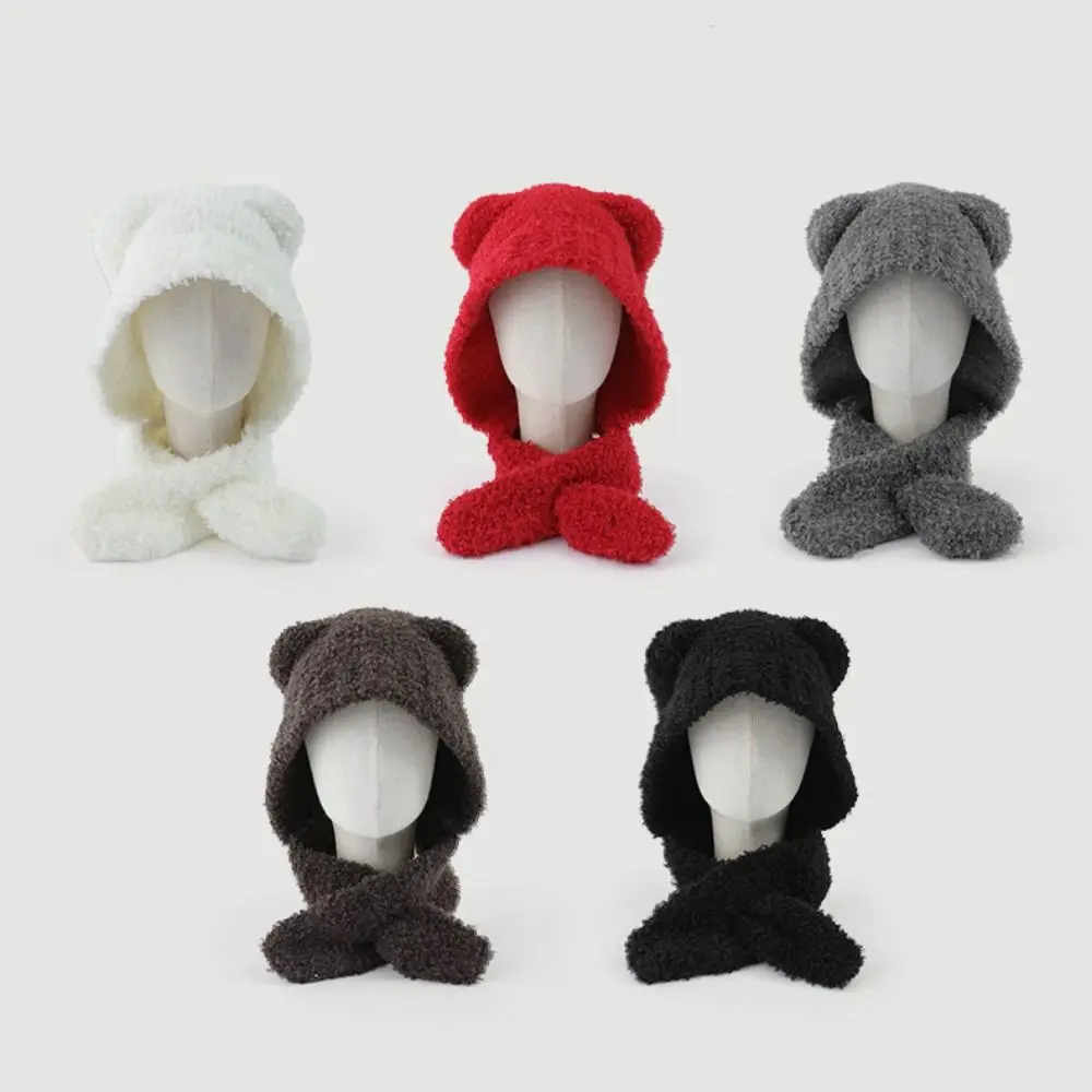 

Cartoon Warm Plush Bear Ear Hat Velvet Soft Cute Beanies Windproof Cap Hat Scarf Integrated Ski
