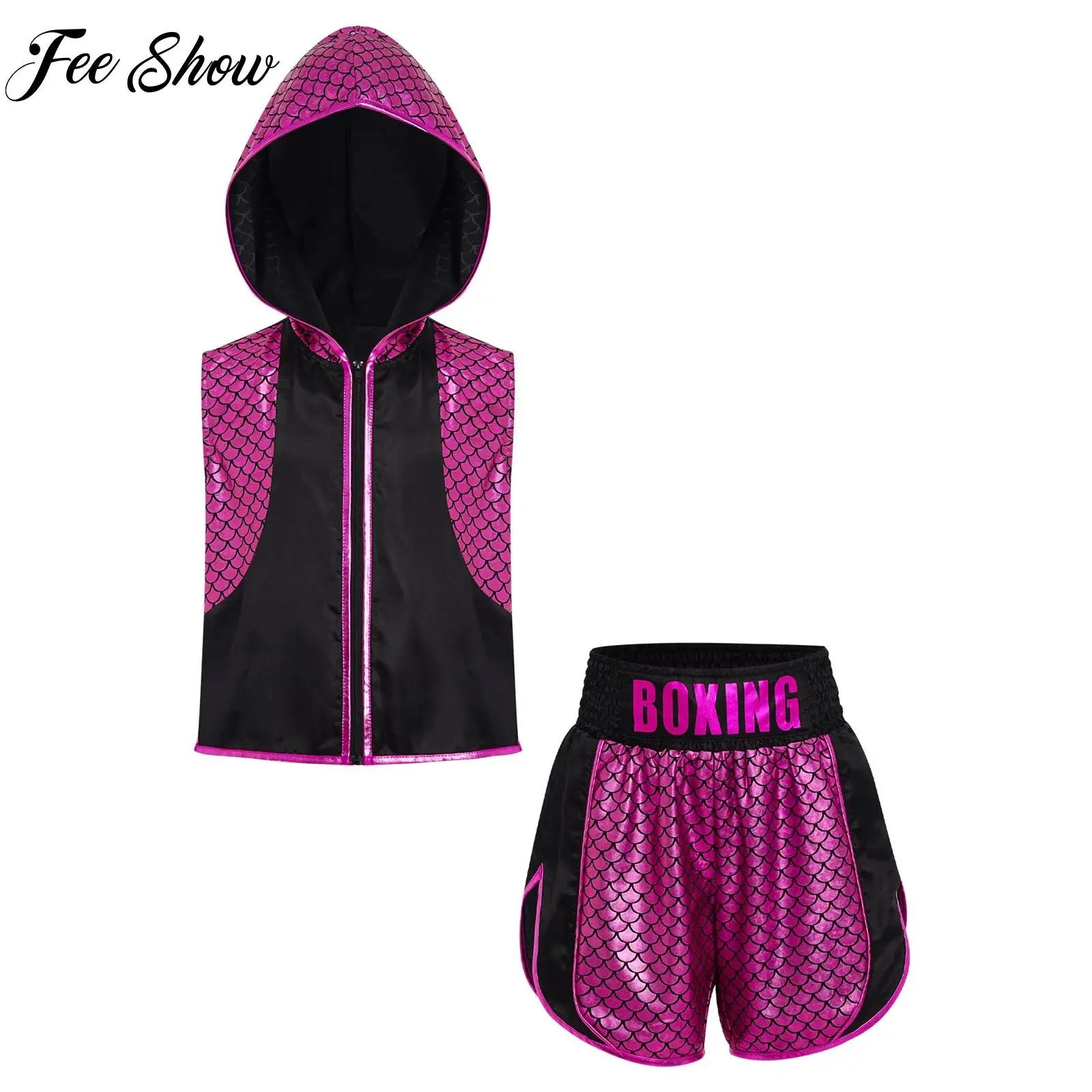 الفتيان الفتيات الملاكمة التدريب الزي الاطفال MMA فنون الدفاع عن النفس زي مقياس السمك أكمام مقنعين سترة + مجموعة تي شيرتات قصيرة للأطفال لحفلة الهالوين