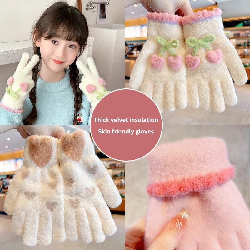 6-12 سنة الكورية الحلو الكرز الحب الأطفال الدافئة قفازات كاملة الأصابع الشتاء يندبروف رشاقته الفتيان الفتيات طفل الدراجات القفازات