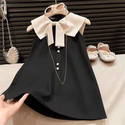 Summer Girls Bow Decoration Cowl Neck Sleeveless Dresses Single Breasted Plain Kids Clothes Korean Version Casual 2-7 Year Wear