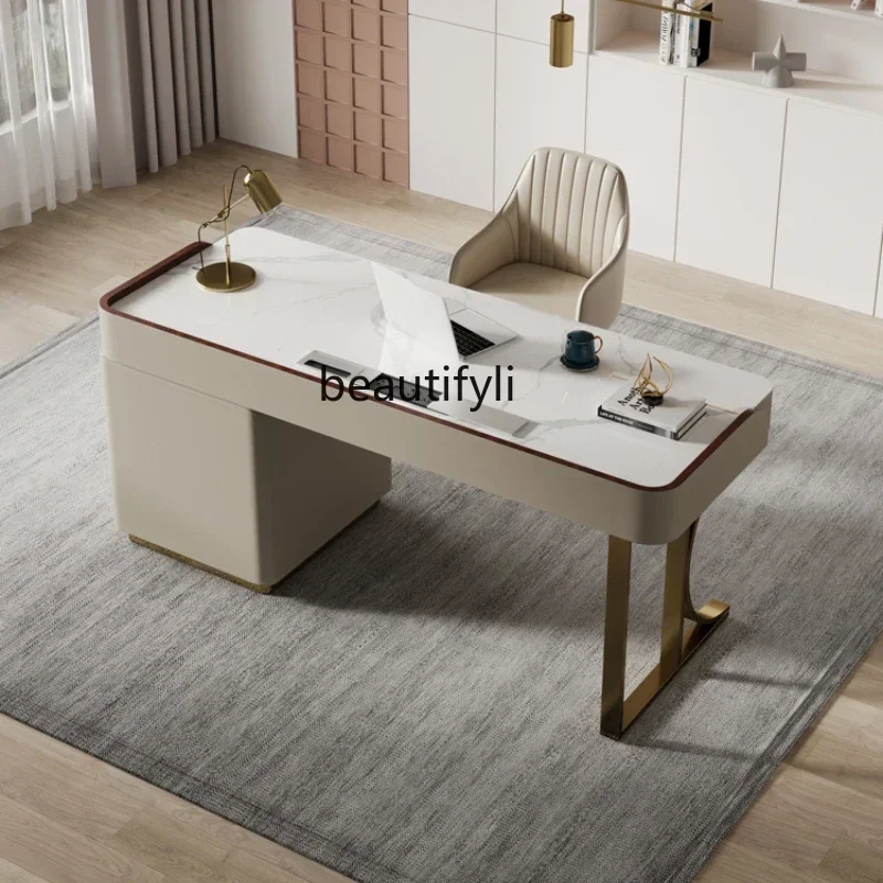 

Light luxury solid wood desk saddle leather minimalist study living room computer table rock slab desk