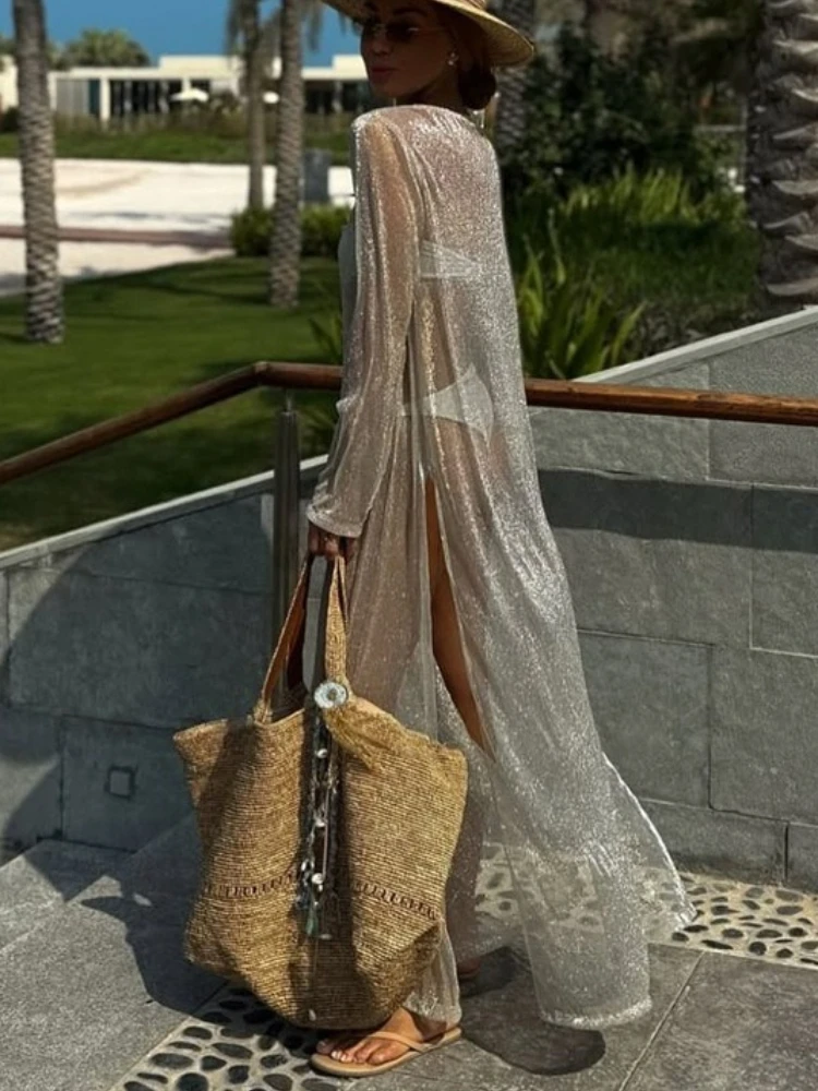 فستان طويل شفاف مثير للنساء من Tossy برقبة دائرية وأكمام طويلة وخصر عالٍ وفضفاض ملابس الشارع فستان ربيعي نسائي