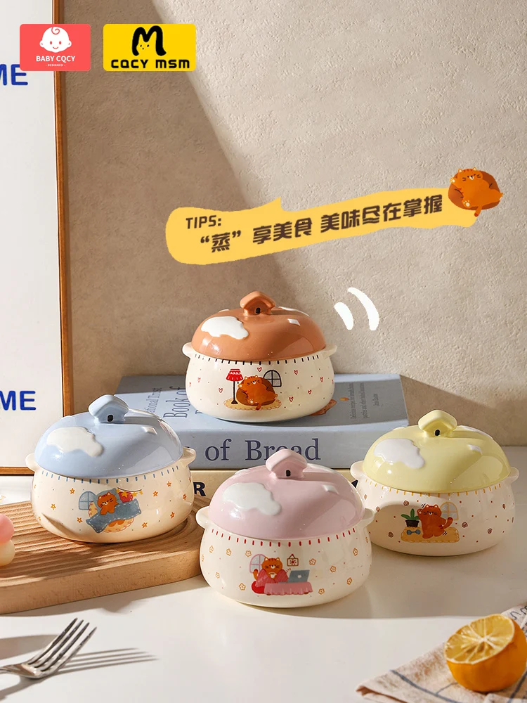 

‌Ceramic Double-Lid Steamer Pot with Handles - 1-Person Steamed Egg Soup Bowl, Double-Ear Slow Cooker for Custard & Broth