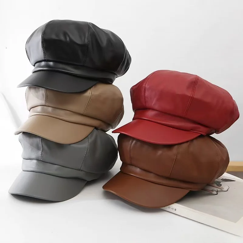 

Retro Fashion Women's Pu Leather Octagonal Hat Versatile Autumn And Winter Temperament Big Head Circumference Beret