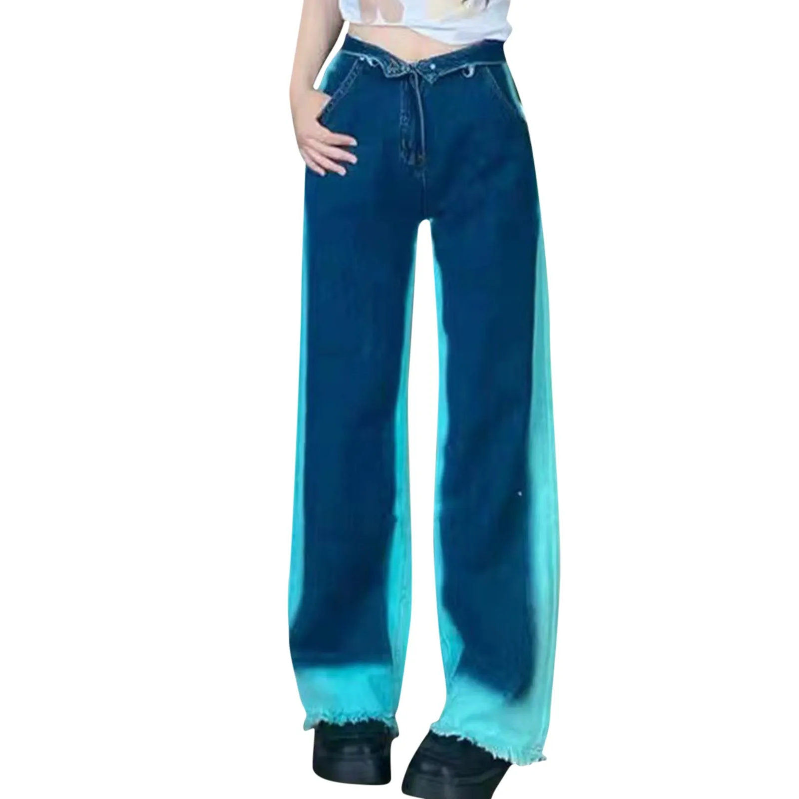 Women's Personarlized Hip Hop Blue Contrast Edge Loose Wide Leg Jeans Fashionable Color Blocking Streetwear Straight Trousers