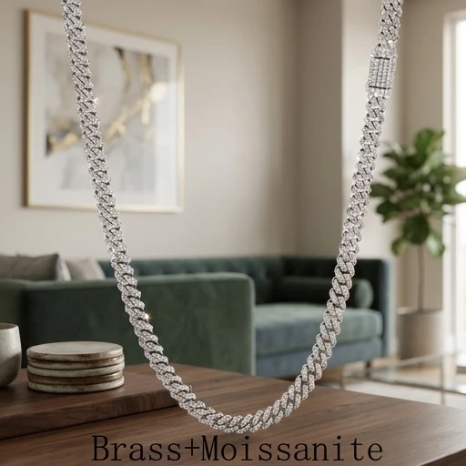 

HHIOK 6mm Custom Cuban Link Chain Necklace Iced VVS Moissanite White Gold Brass Jewelry