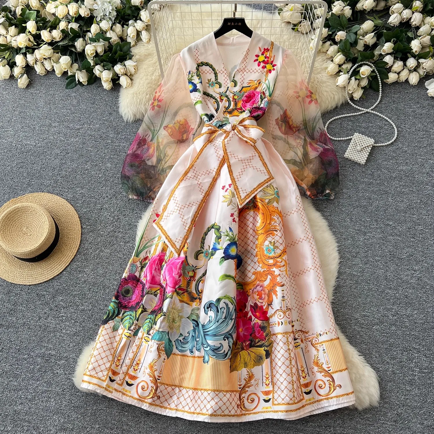 

Vintage Floral Bandage Lace Up Wrap Dress Women Chiffon Long Lantern Sleeve Cross V Neck Flower Print Pocket Maxi Robe Vestidos