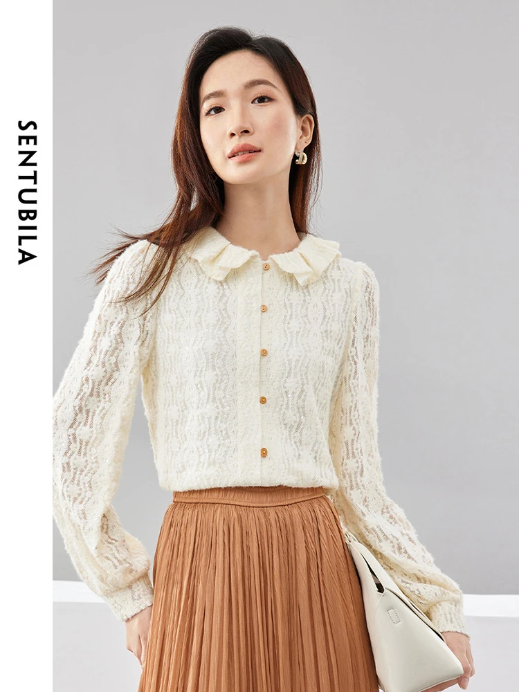 SENTUBILA Ruffled Sequins Lace Shirts for Women 2024 Spring Autumn Elegant Tops Comfortable Button Up Shirts Blouses 141S52756