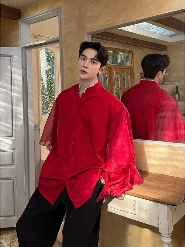 

Ele Red Long Sve irt Men's Loose Fit Stand Collar Performance Casual Polyester Chinese Sle k Patterned Top