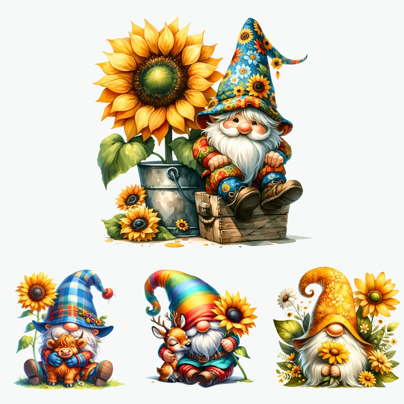

2PCS Sunflower Gnome Garden Art Print Heat Transfer Sticker dtf transfers prints Iron On Transfer Patches For Clothes T-shirt