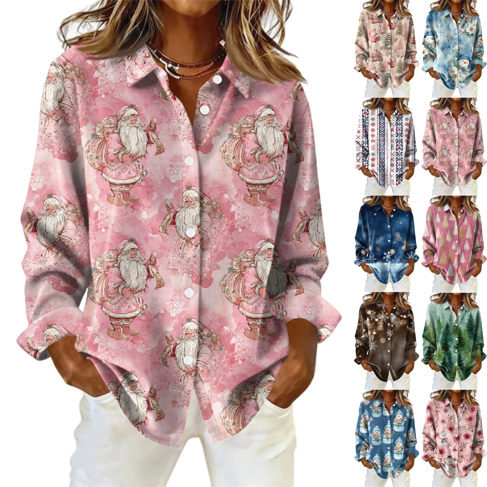 

Женская рубашка на рождественскую тематику для отдыха, милая рубашка с лацканами с мультяшным узором, женские зимние мягкие удобные праздничные базовые топы