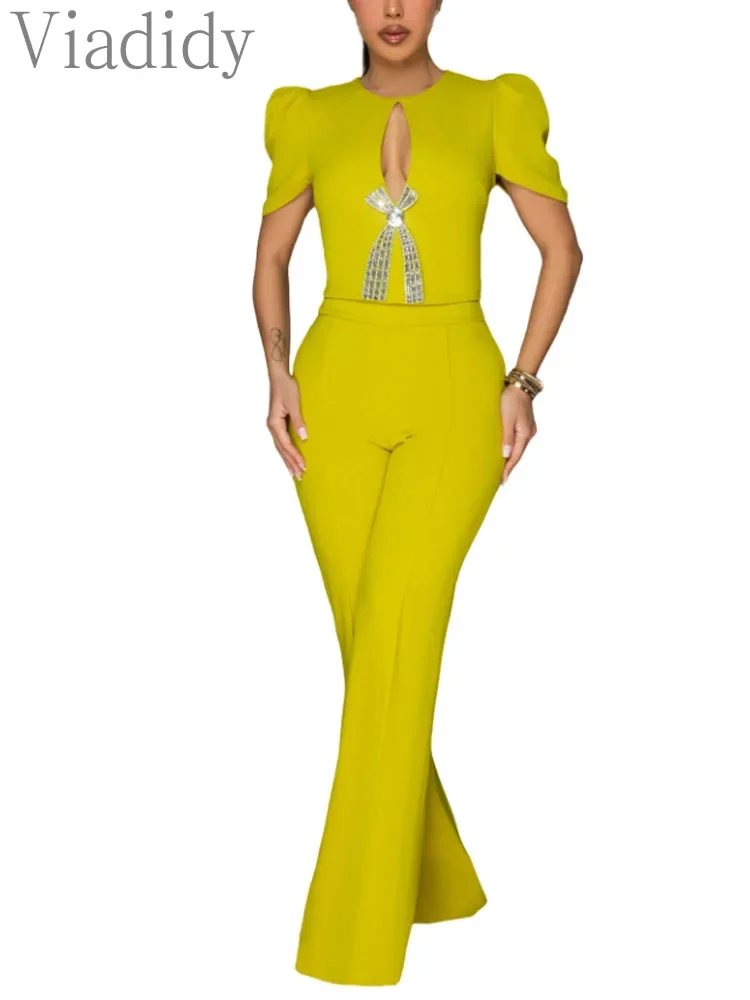 

Женские вечерние нарядные комбинезоны с коротким рукавом, круглым вырезом, широкими штанинами и высокой талией, однотонные