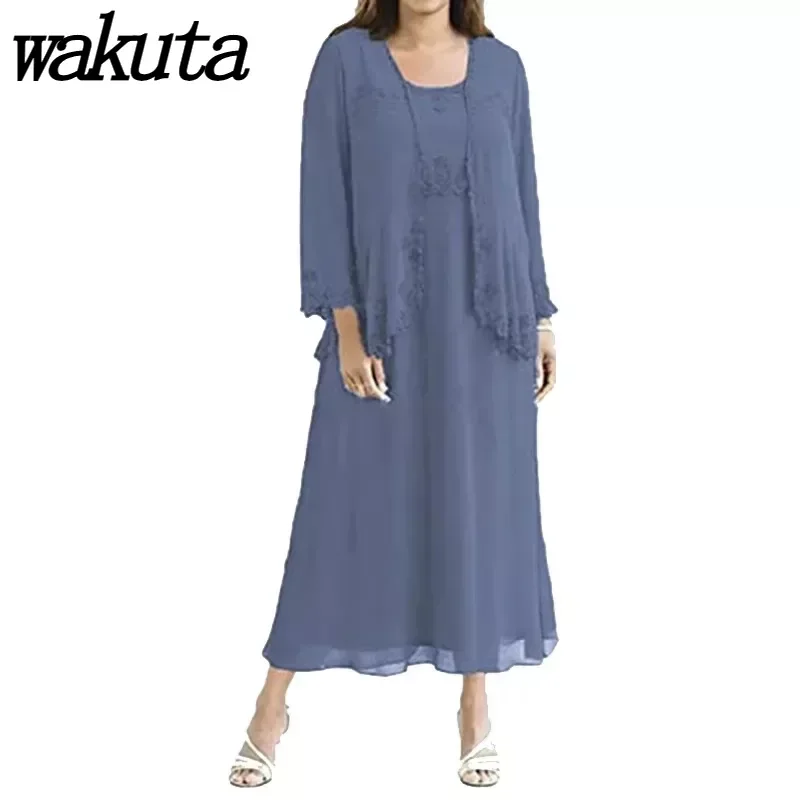 Wakuta-Robe de Banquet avec Châle pour Femme, Tenue de Réunion Annuelle, Grand, Longueur Genou, 2 Pièces