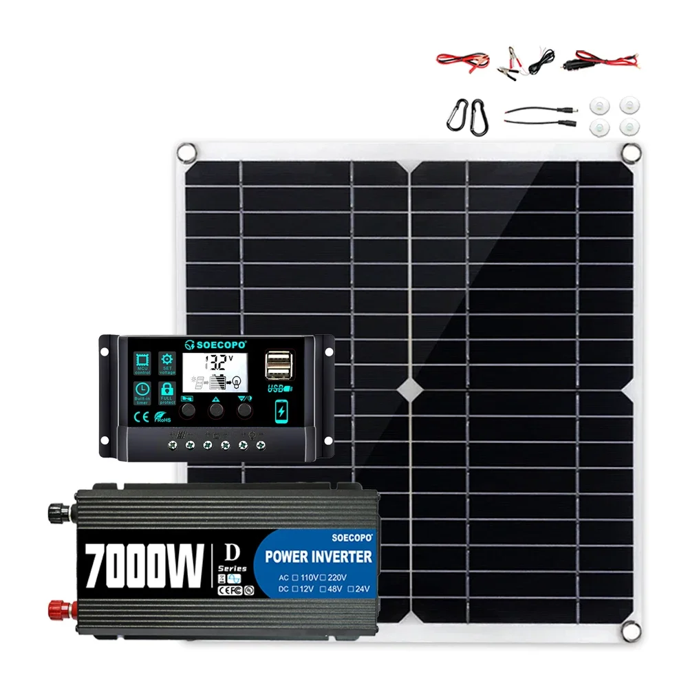 Zestaw solarny 7000W z kontrolerem 100A i panelem 300W, falownik off-grid 12V na 110V/220V do domu/kempingu/kampera/ujemocyjnego zasilania awaryjnego — zdjęcie produktu 7