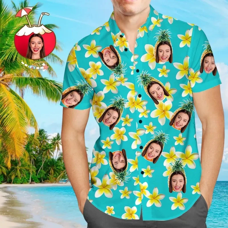 

Funny Custom Pohto Hawaiian Beach Shirt Personalized Design Unisex Lapel Blouse DIY Customize Blouses Flower Female Short Sleeve