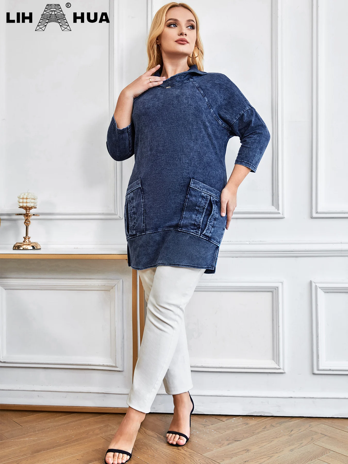 LIH HUA damska Plus Size kurtka dżinsowa na co dzień długi styl Slim kurtka dżinsowa dla kobiety Premium dzianinowe Denim