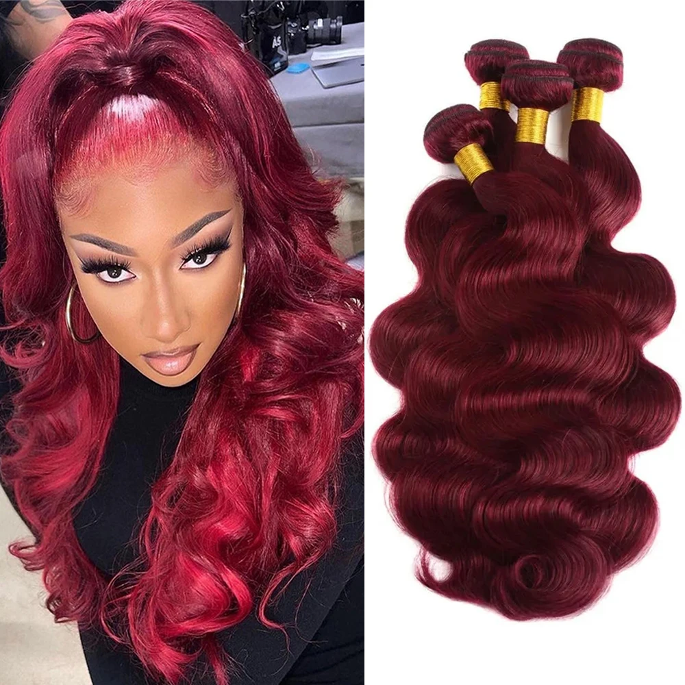 Bundles brésiliens de vague de corps de couleur rouge bordeaux, 100% faisceaux de cheveux humains, # 99j Bundle, extensions de cheveux, tissage