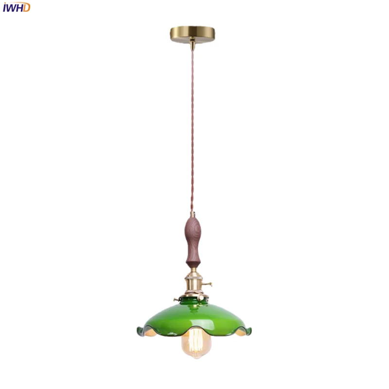 

IWHD Japan Vintage LED Pendant Lights Kitchen Island Living Room Home Decor Cafe Wood Copper Green Glass Hanging Lamp Luminaria