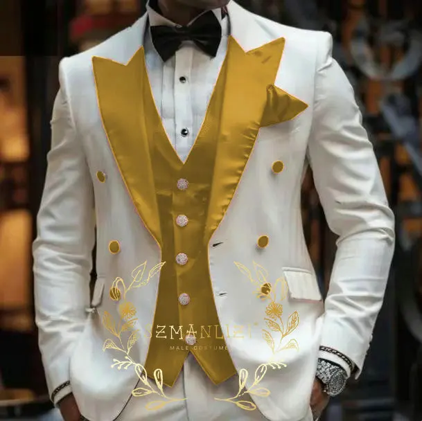 

Ivory Double Breasted Costume Blazer Slim Fit Men Suits Slim Fit Groom Tuxedos For Formal Wedding Suit Jacket Pant Vest 3 Piece