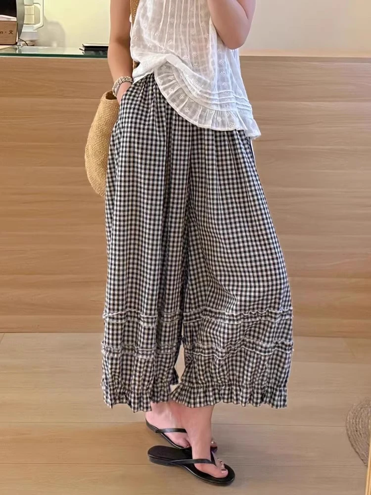 Lace Trim White Lantern Pants for Women Spring Summer Loose Elastic High Waist Wide Leg Trouser Female Ankle Length Casual Pants