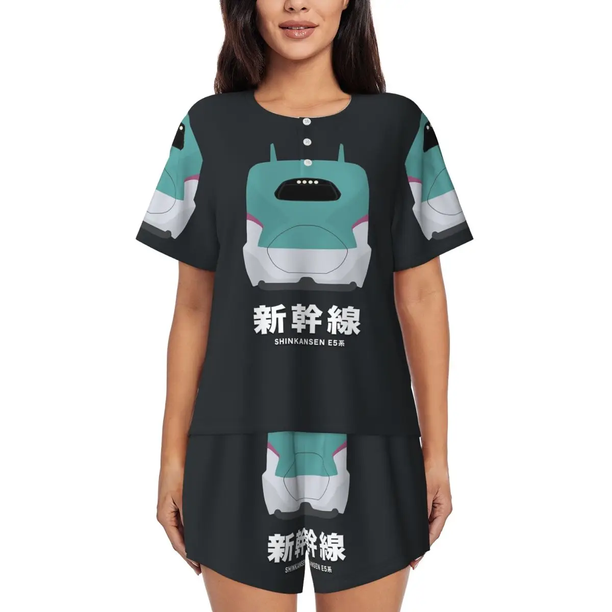 

Japanese Shinkansen Bullet Trains Round Neck Short Sleeve Nightgowns for Sleeping Sleepshirts Women Loose Pajama Set Short Pants