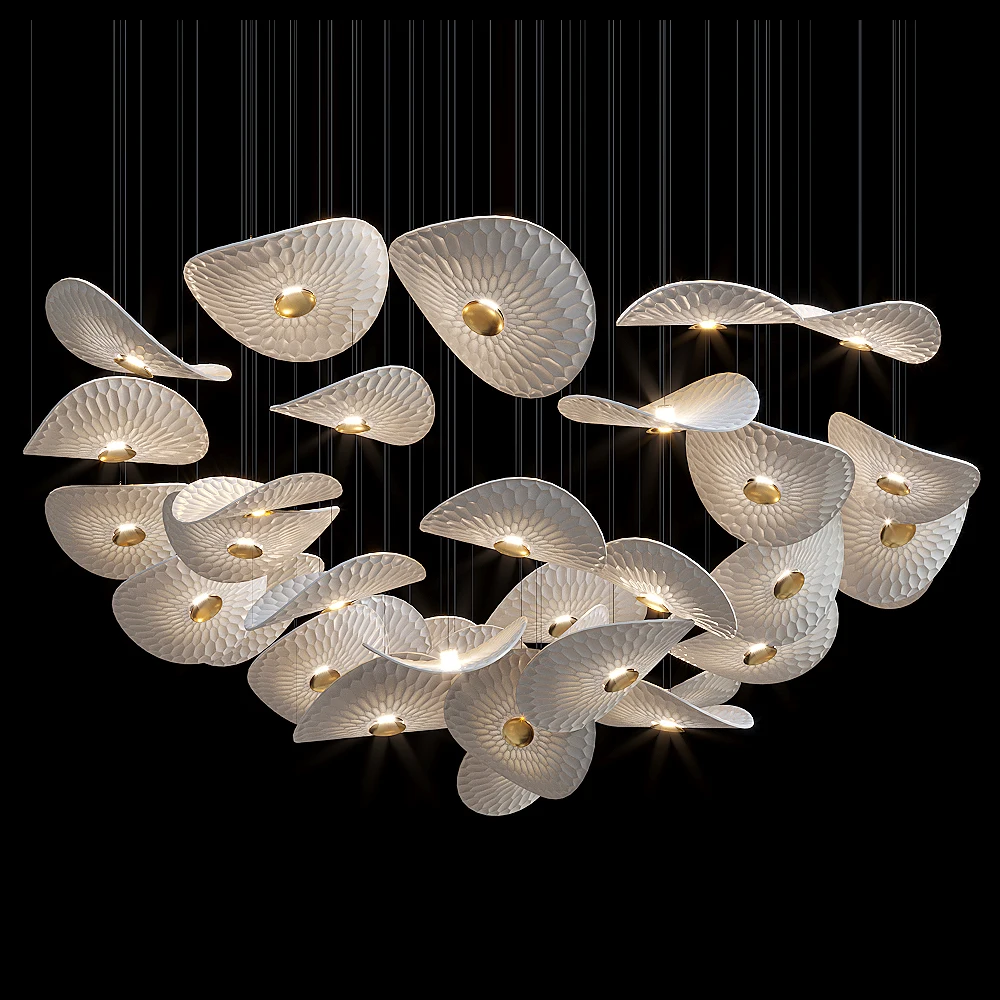 Modern Ceramic Chandelier Light Zhongshan Creative Art White Round Flake With Golden Button Central Chandelier Project Hotel