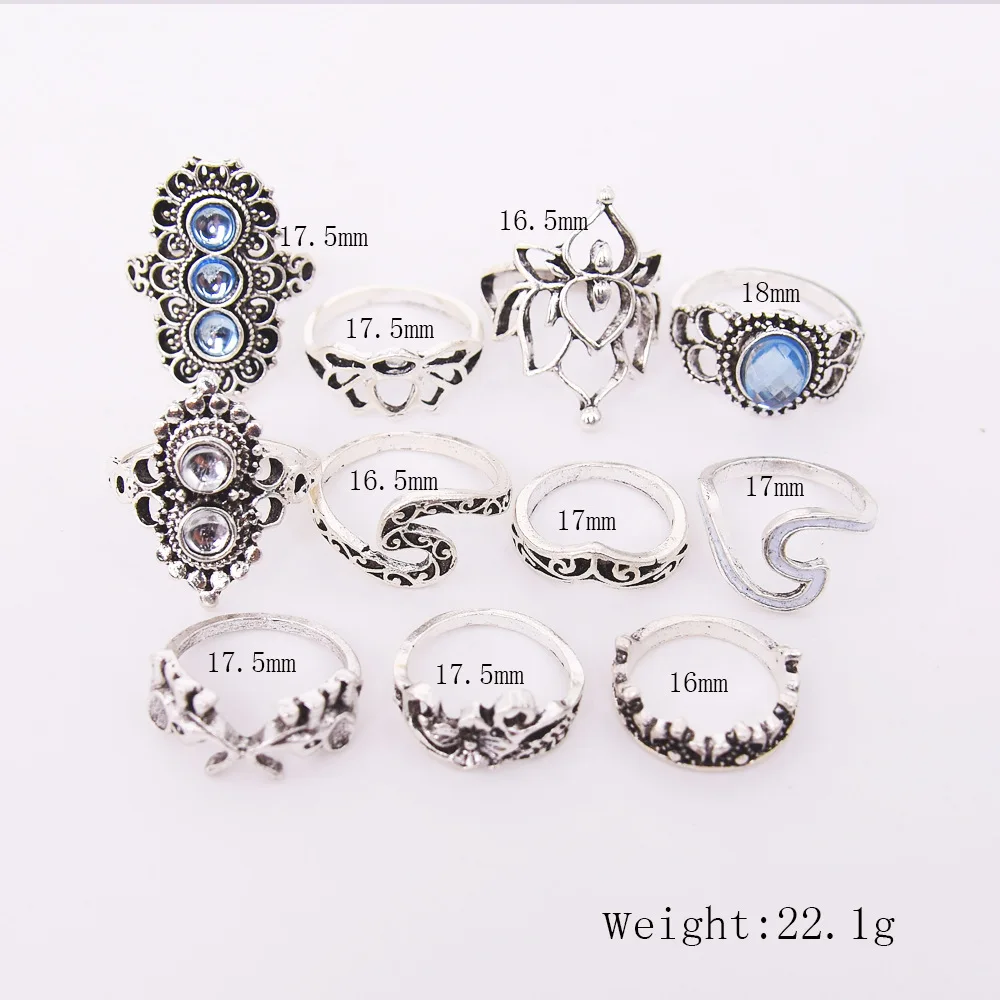 Popular in Europe and America, cross-border retro palm crown with diamonds hollowed out lotus wave elephant 11-piece set ring