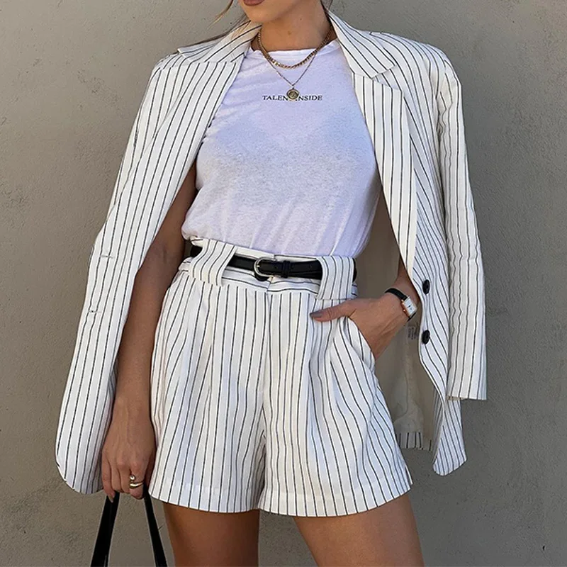 Women Long Sleeve Single-Breasted Turn-down Collar Blazer High Waist Shorts Suit Spring Autumn New Loose Striped Two-Piece Suit