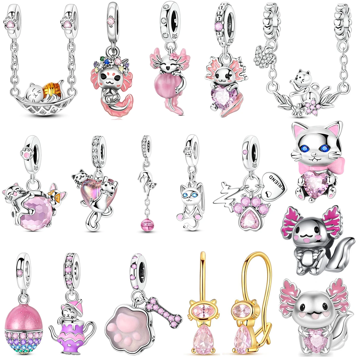 

Original 925 Sterling Silver Cute Pink Cat Charms Cat Paws Earrings Beads Pendants Fits Bracelet Necklace DIY Fine Jewelry Gifts