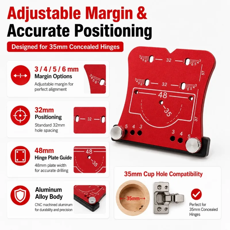 Concealed Hinge Drilling Jig 35mm Cup Hole Positioning Tool, Adjustable Edge Marking Plate for Cabinet Door Installation