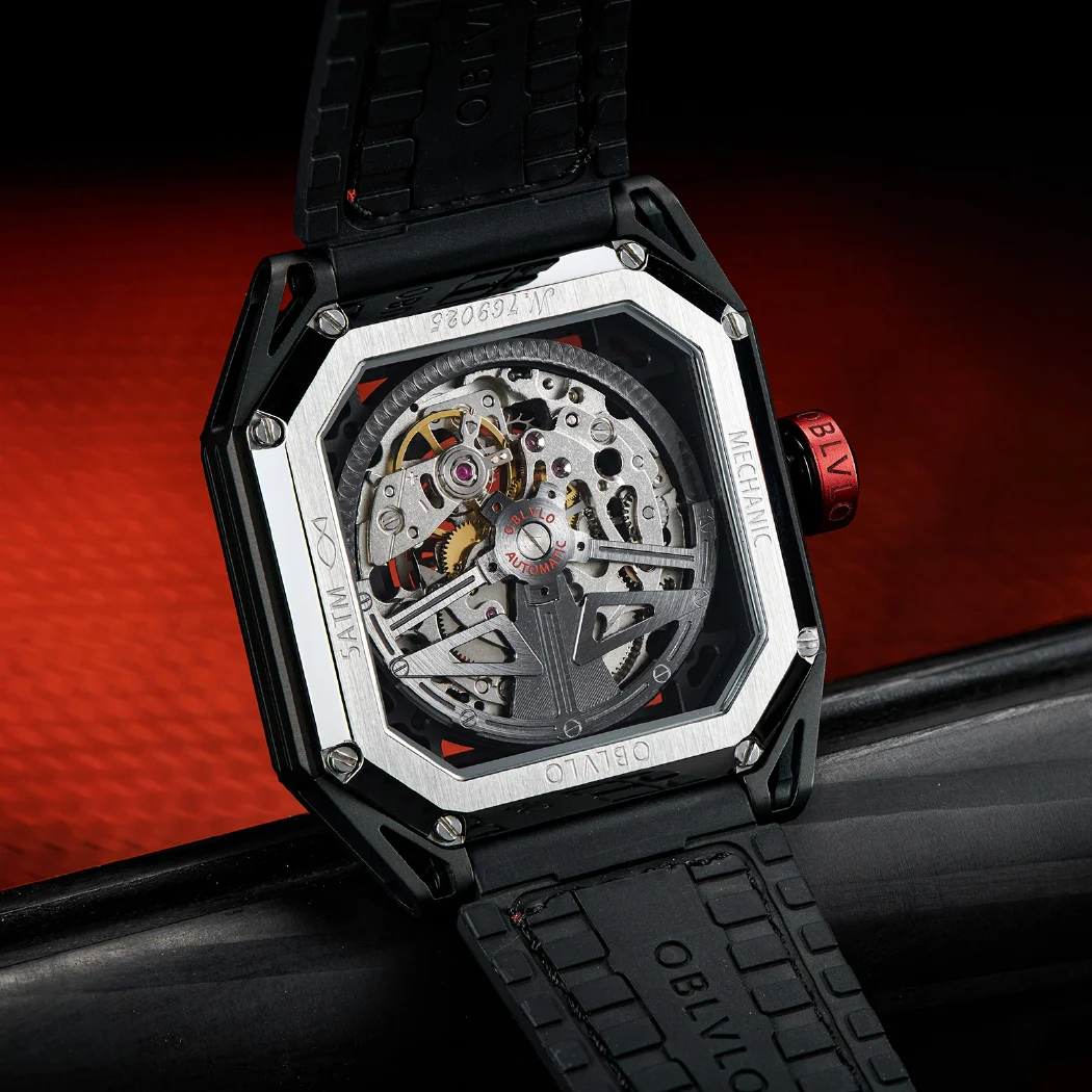 مستطيل فاخر أسود ساعة رياضية للرجال الذاتي الرياح الميكانيكية ساعة أوتوماتيكية مقاوم للماء مربع كول ساعة مضيئة المطاط AK