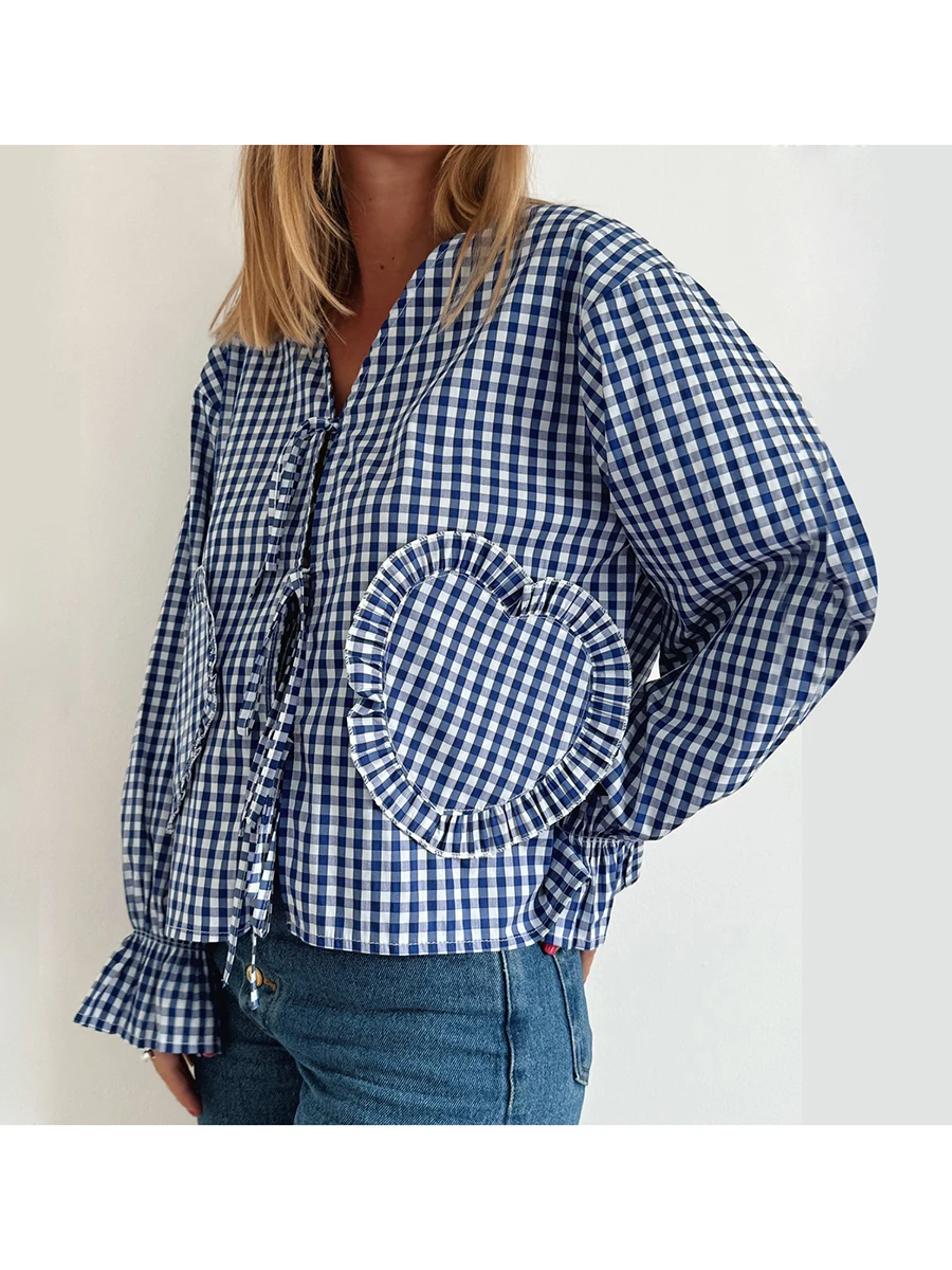 Women Tie Open Front Plaid Tops Puff Sleeve Blouse With Love Heart Pockets Going Out Tops Blouse