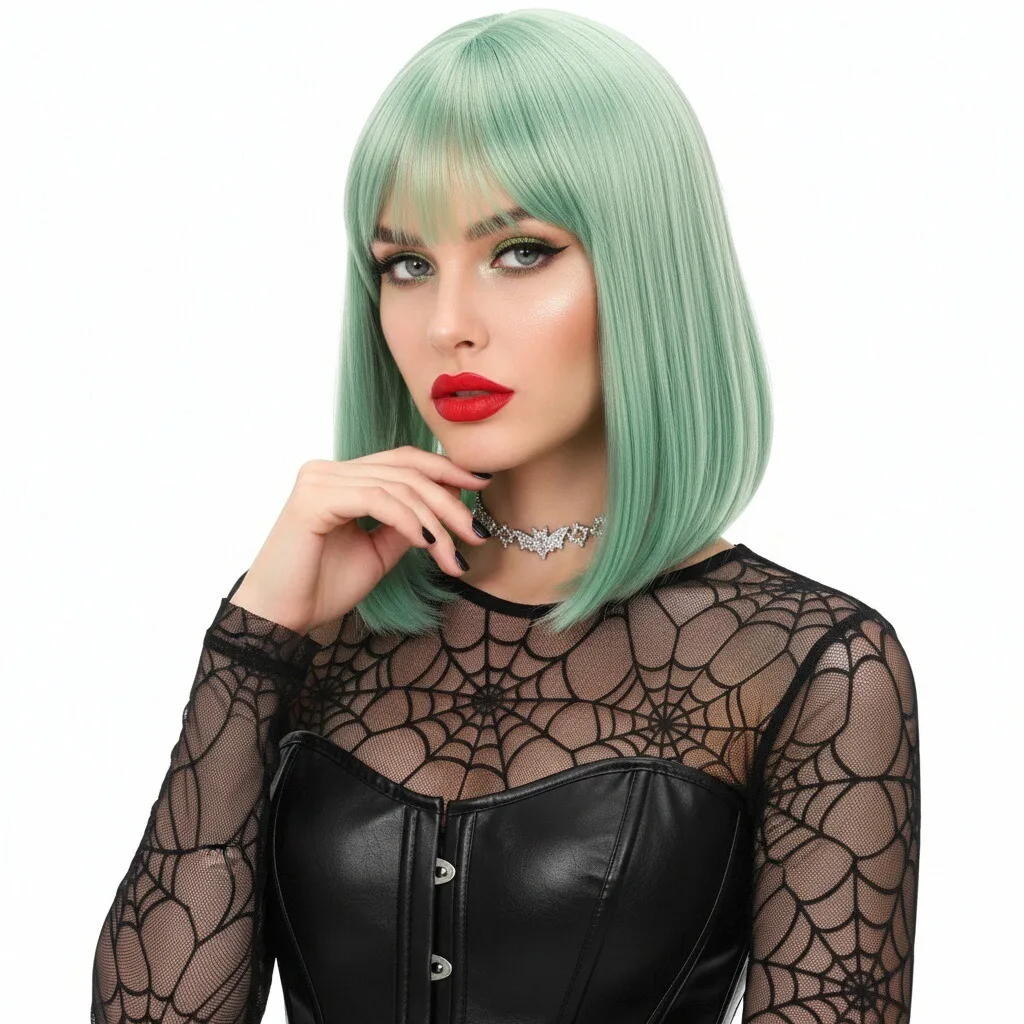 MSIWIGS المرأة قصيرة بوب الأخضر الباروكات الاصطناعية مع الانفجارات مستقيم الوردي الأحمر تأثيري حزب ارتداء اليومي شعر مستعار #5