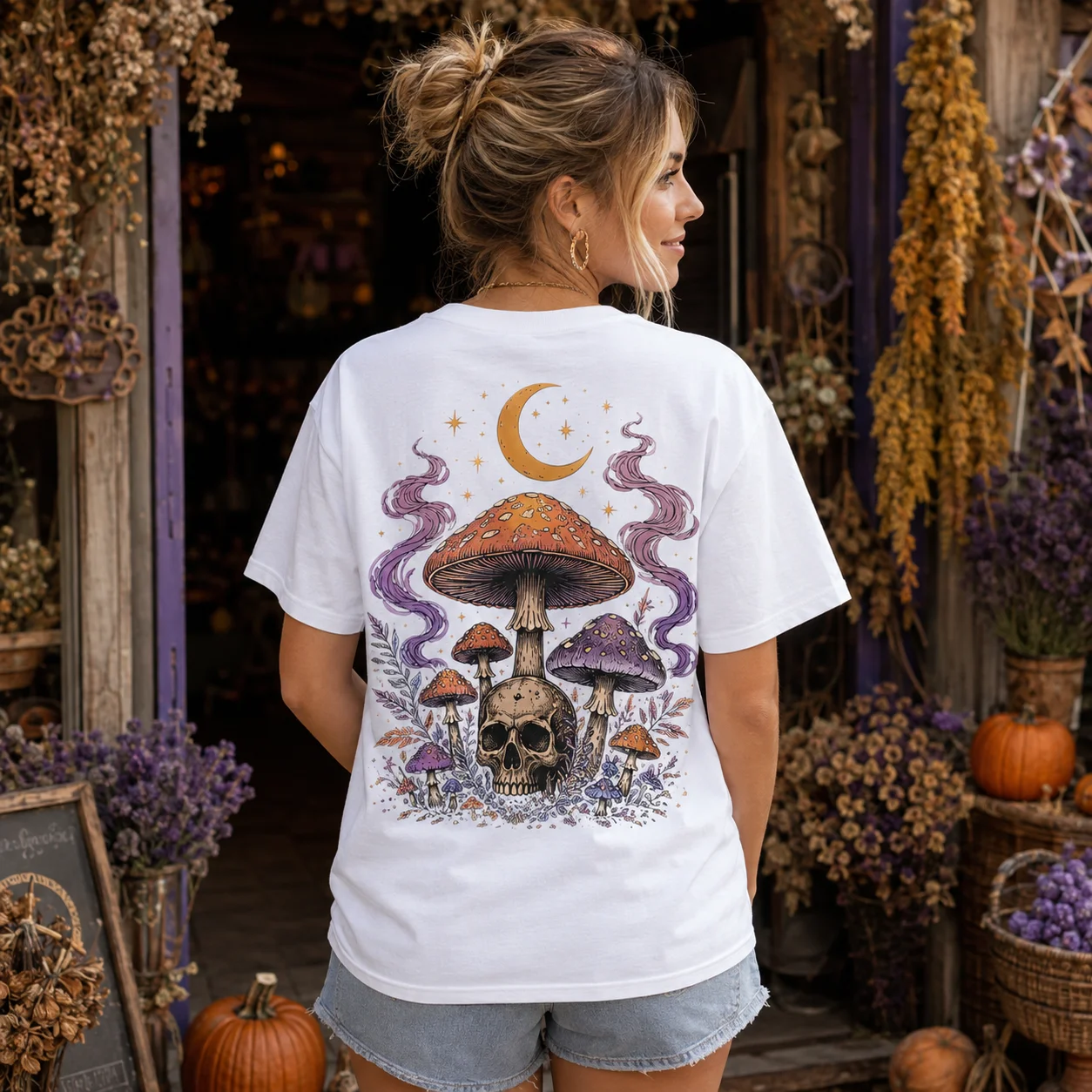 Unisex Halloween Botanical Skull Graphic T‑Shirt Short Sleeve 100% Cotton Tees Fashion Magic Mushroom Holiday Party Cheer Shirts