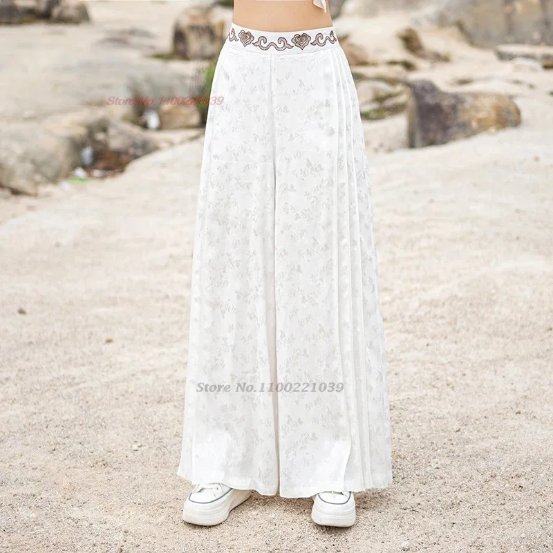 2025 chinois vintage taille élastique pantalon national satin jacquard folk pantalon femmes traditionnel jambe large pantalon ethnique pantalon