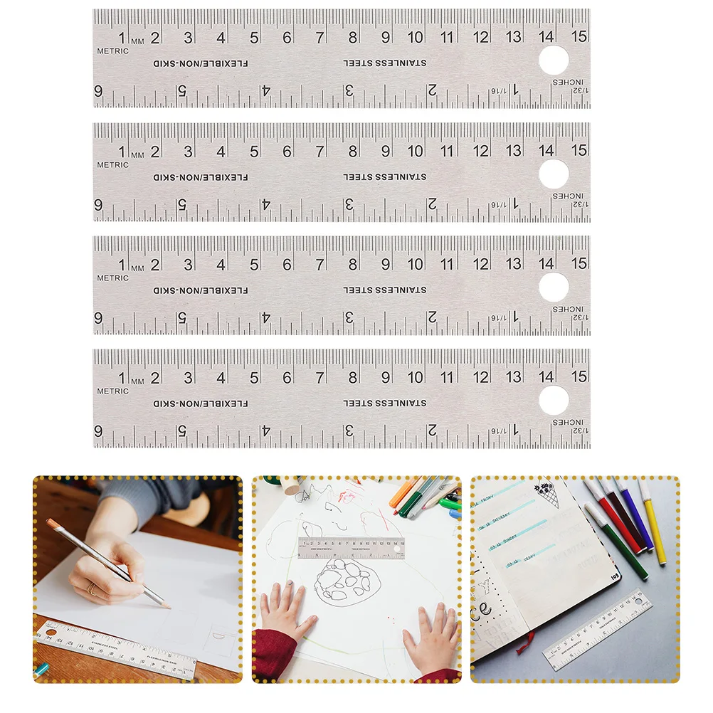 4pcs Softwood Ruler Multi-Function Stainless Steel Straight Edge Portable Measuring Tool For Students Artists Engineers Cork