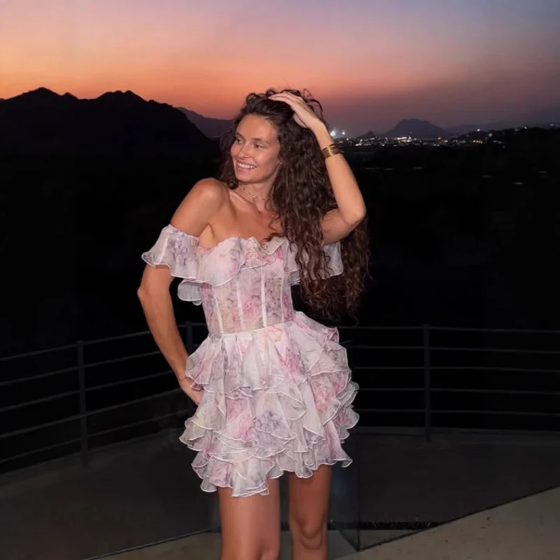 Women Elegant Floral Print Ruffle A-Line Mini Dress Strapless High Waist Sleeveless Sexy Princess Party Vacation Dress Vestidos