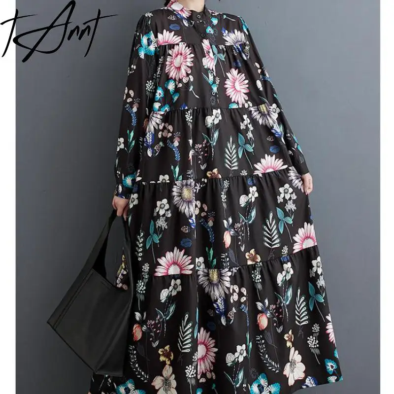 

Tannt Women Dress Long Sleeves Long Shirt Printing Dresses For Women Fashion Casual Black Loose Dresses Woman 2025 New
