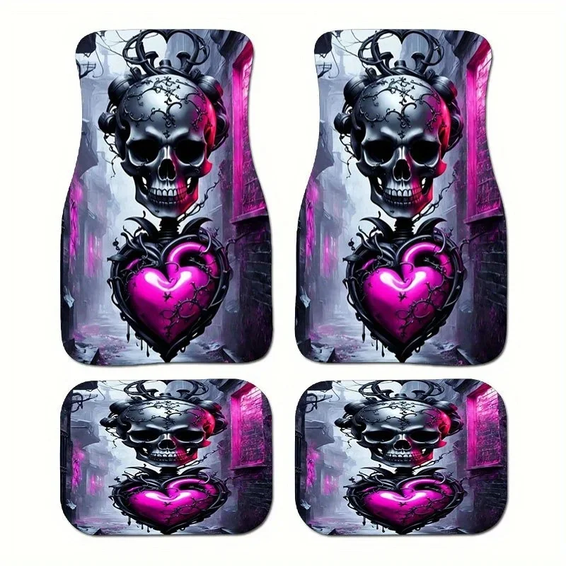 4pcs Gothic Skull & Heart Car Floor Mat Set - Crystal Velvet Anti-Slip Fit, Pink & Black Design With Purple/Pink Heart & Skull P