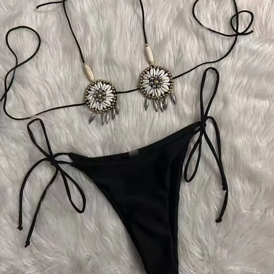 

2022 Sexy Beads Bikini Set for Women Floral Tessal Bikinis Push Up Tie Side Brazilian Biquini Swimwear Swimsuit Beachwear