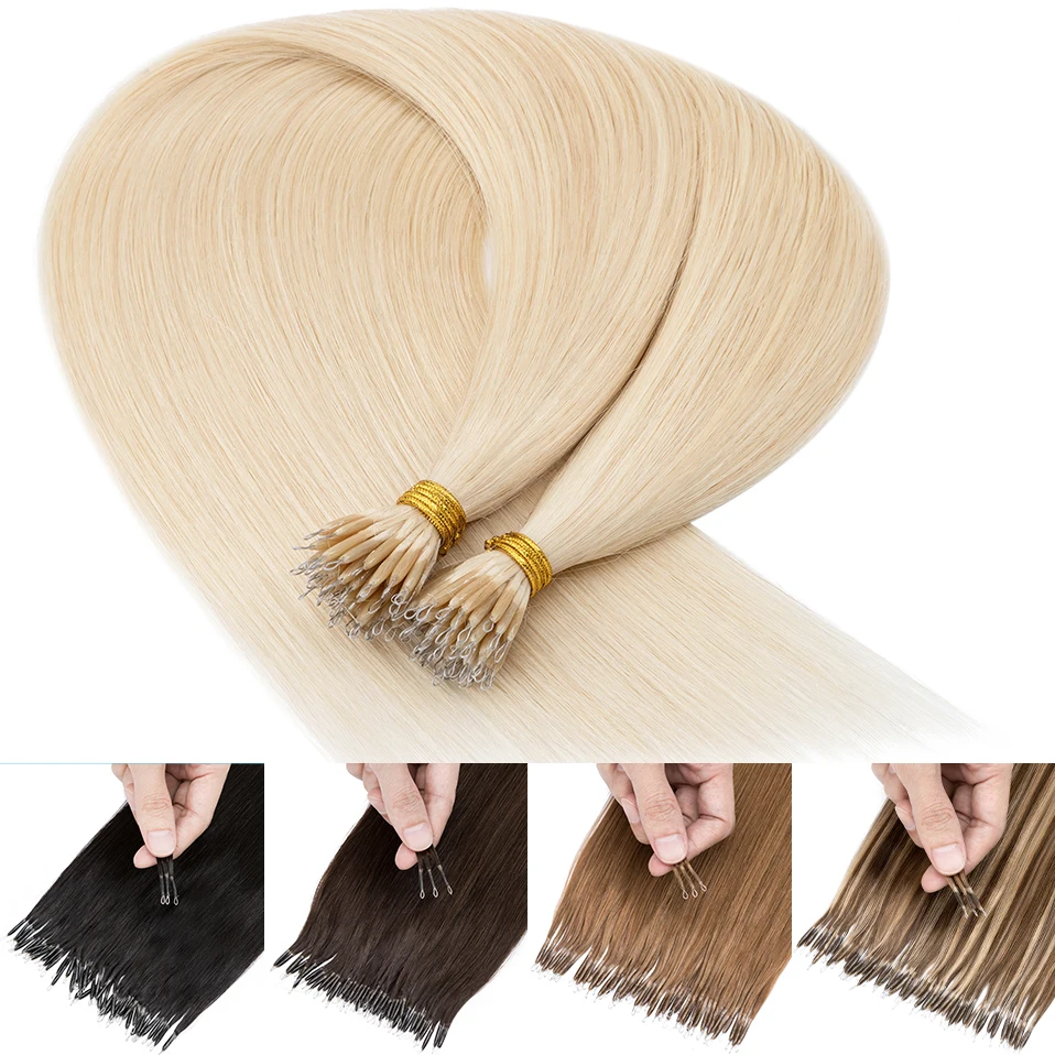 

CHARITES 50pcs Human Hair Nano Rings Micro Links Hair Extensions 18-24inch Straight Blonde Hair 0.7g/strand Nano Bead Prebonded