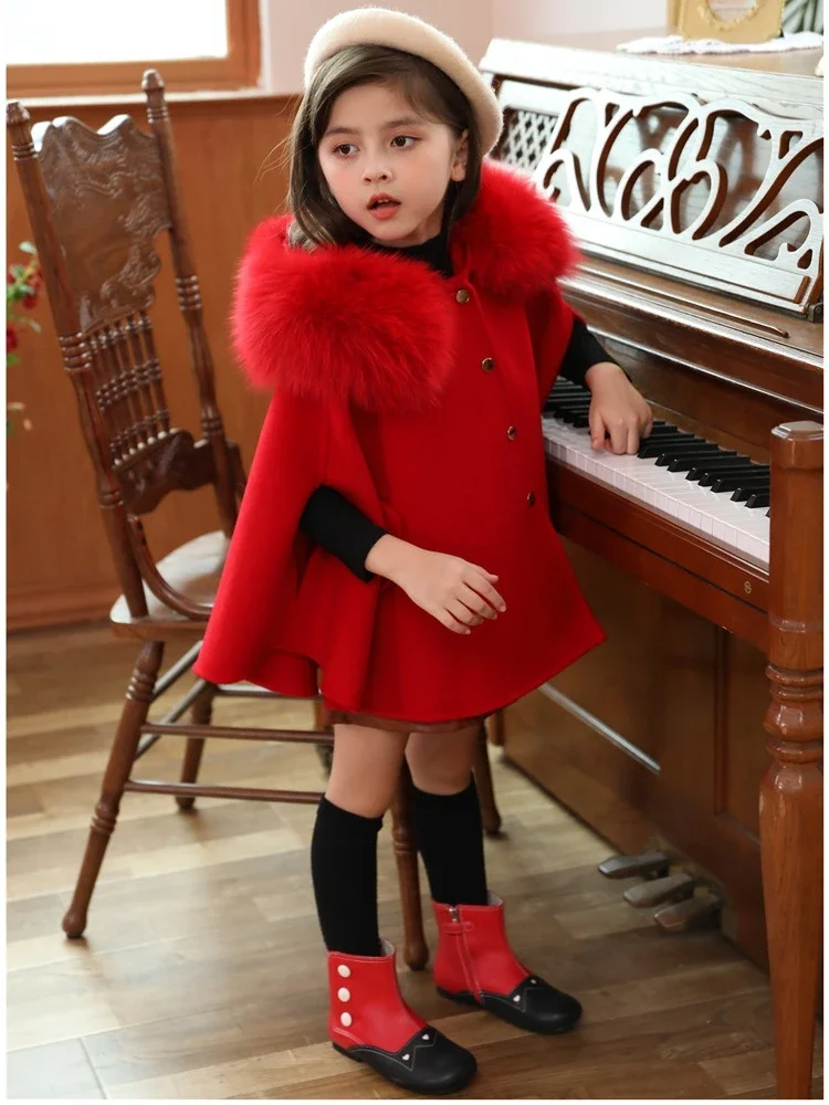 Handmade New All Wool Girl Fox Collar Shawl Double Faced Cashmere Jacket for Middle and Young Girls Coat Winter Coat