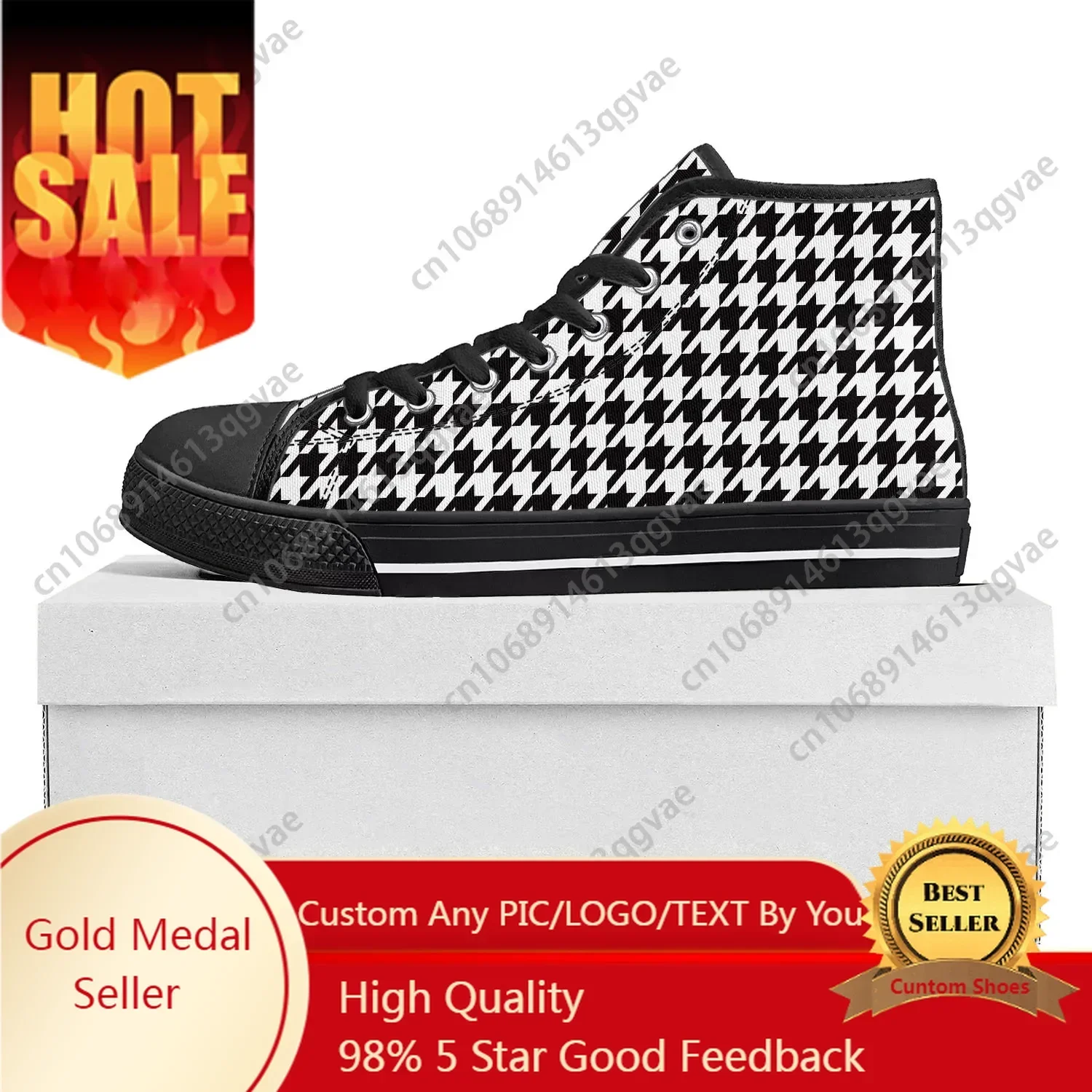 

Houndstooth Pattern High Top Sneakers Mens Womens Canvas Sneaker Casual Couple Shoes Custom Shoe Black