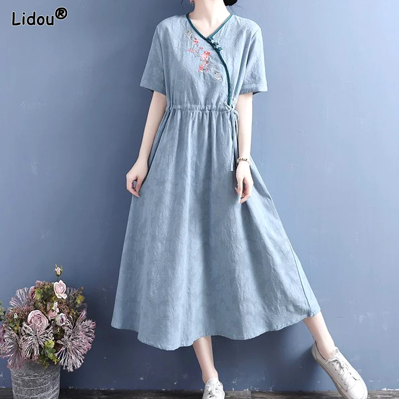 

Women's Clothing Short Sleeve Supple V-neck Chinese Style Loose Lacing Elegant Summer Thin Midi Skirts Button Printing Dresses