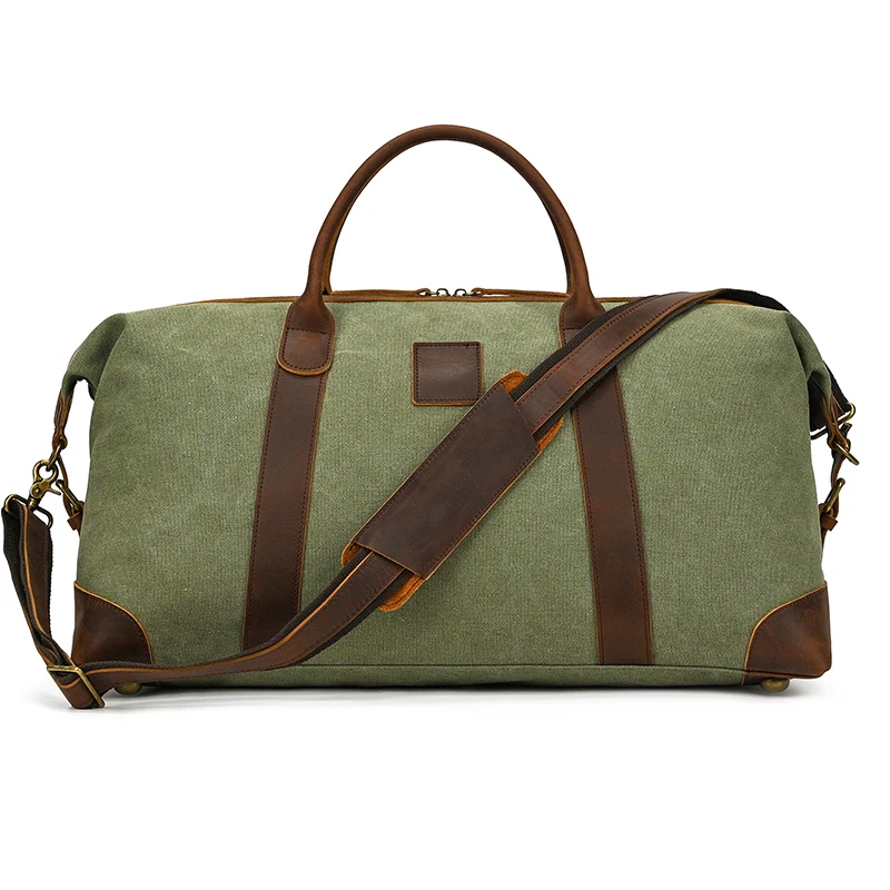 Large Leather Canvas Travel Bag Vintage Cool Crumpled Travel Handbags Waterproof Crossbody Duffle Bag For Men Army Green