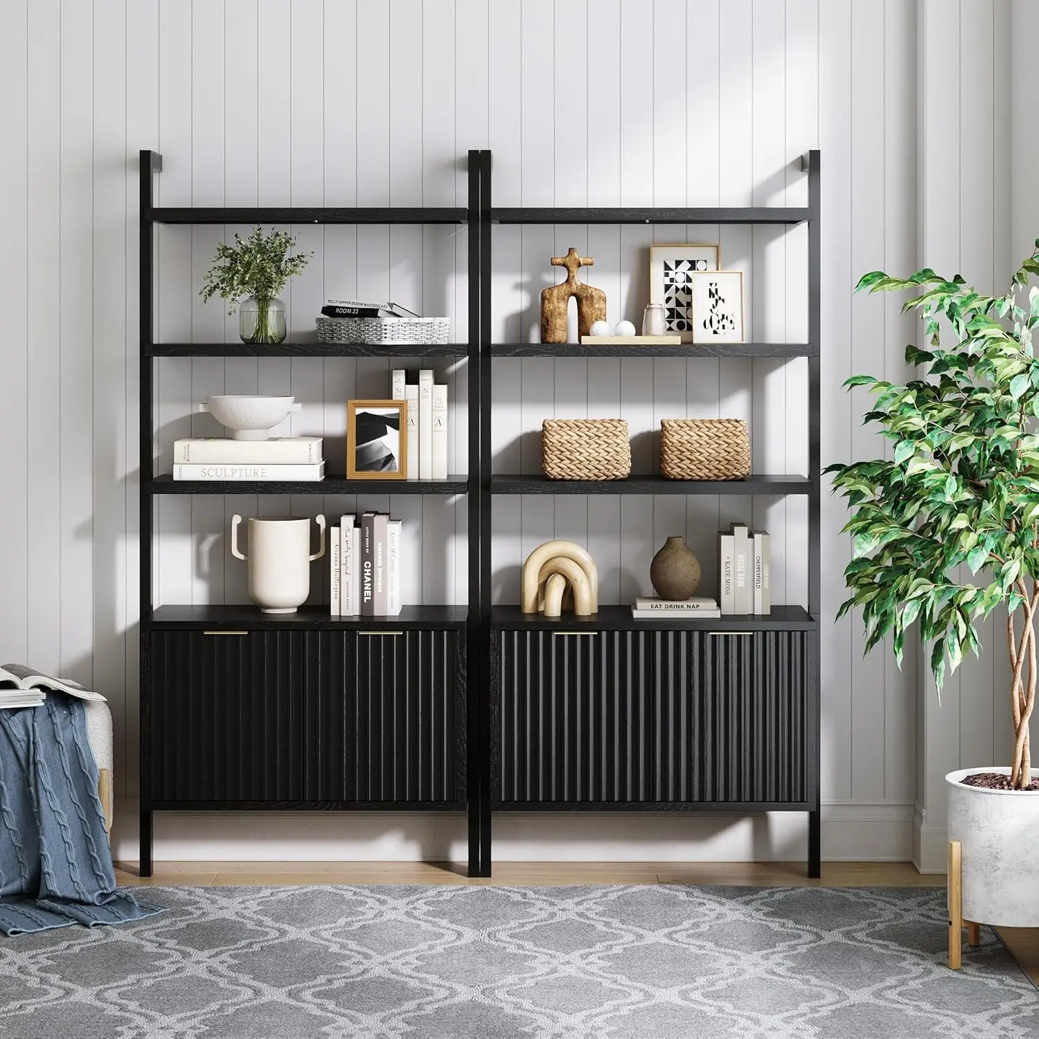 

Jasper 3-Shelf Solid Wood Boho Bookshelf, Wall Mounted Bookshelf with Cabinet with Fluted Doors, Black Oak, Set of 2