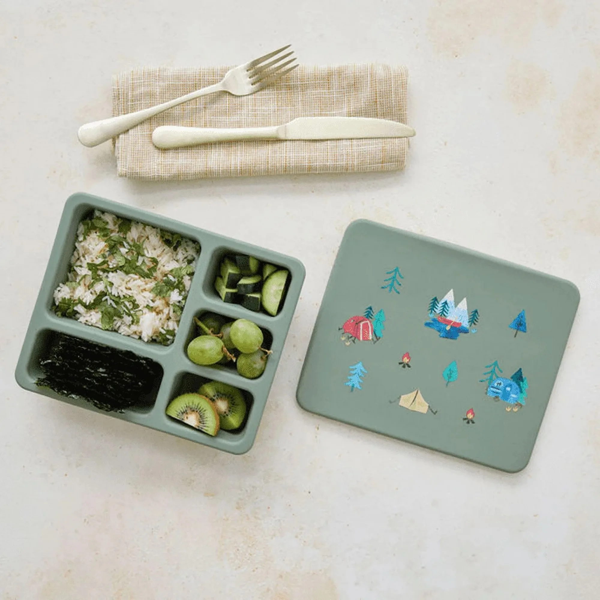 Lancheira Bento para crianças e crianças – Recipiente de almoço de silicone com 5 compartimentos à prova de vazamentos – Materiais seguros para alimentos, resistente