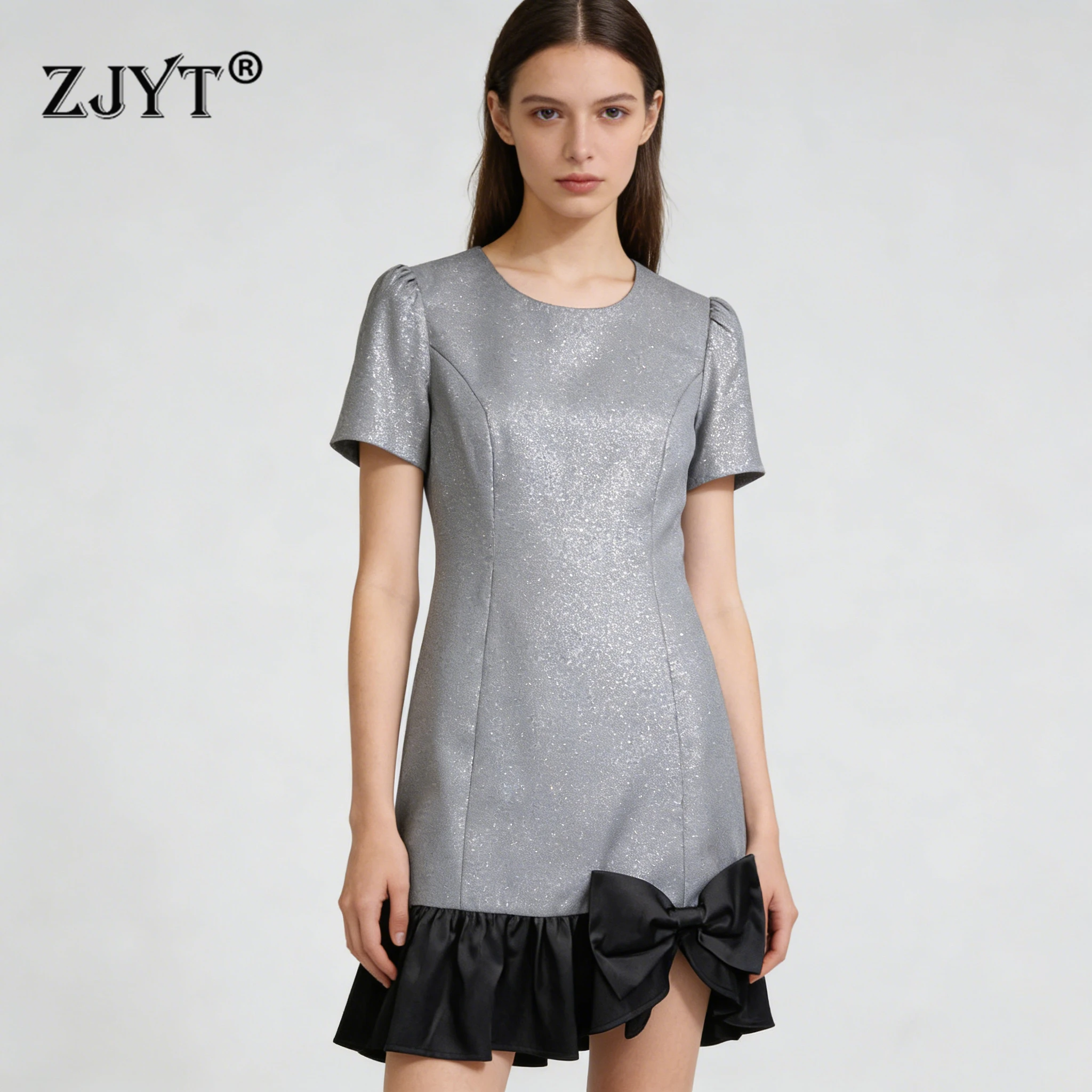 

Элегантное летнее платье ZJYT для женщин 2026: дизайнерское мини-платье с коротким рукавом, бантом и пэчворком, офисное, серое, Vestidos