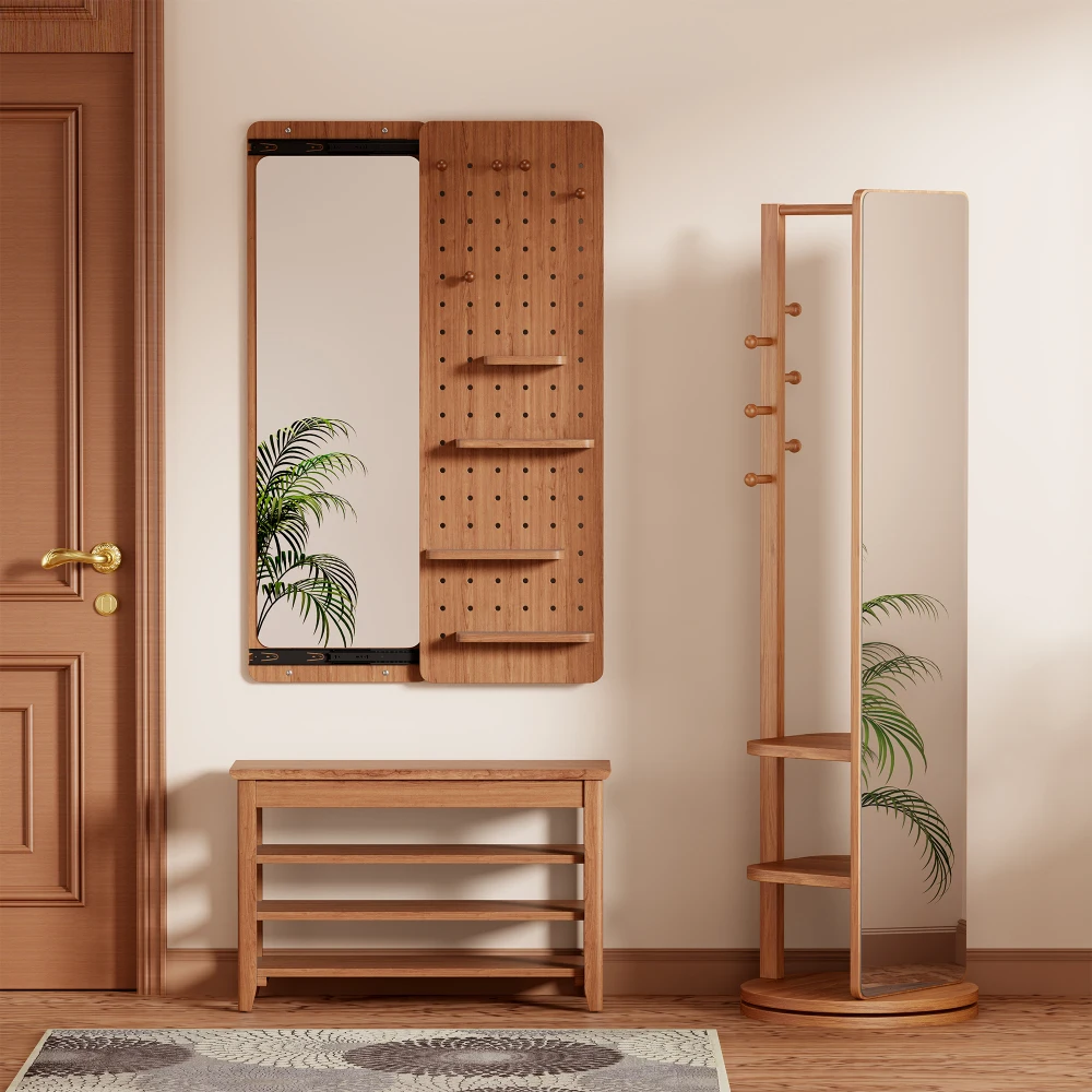 Multi-functional wall-mounted full-length mirror with panel design, 47.6 x 15.5 inches. Space-saving, easy to clean, and durable. Sliding installation. Suitable for bedrooms/living rooms/entryways (cherry wood color).