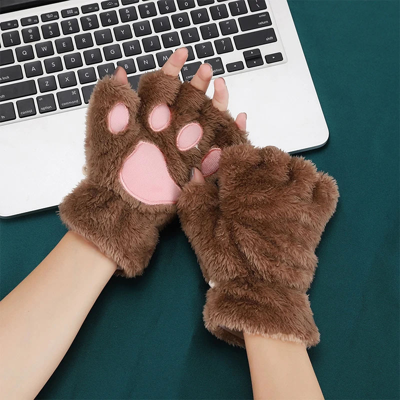 Cartoon Cute Cat Claw Gloves, Women Plush Mittens Warm Soft Plush Short Fingerless Fluffy Gloves Winter Half Finger Gloves 1pair